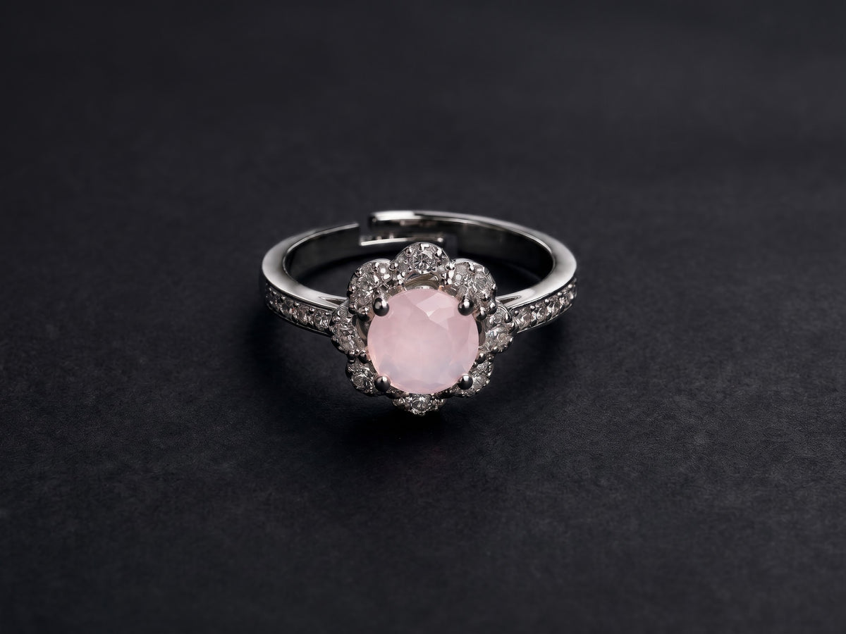 Adjustable  Promise Ring – One-Size-Fits-All Silver & Pink Flower Ring