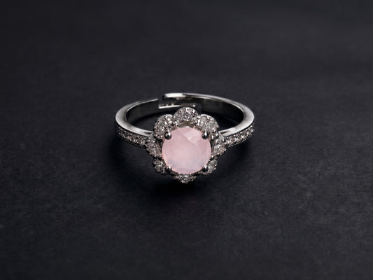 Adjustable  Promise Ring – One-Size-Fits-All Silver & Pink Flower Ring